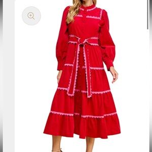 NWOT TCEC Red Corduroy Tiered Maxi Dress with pink scallop trim. Size Large $125